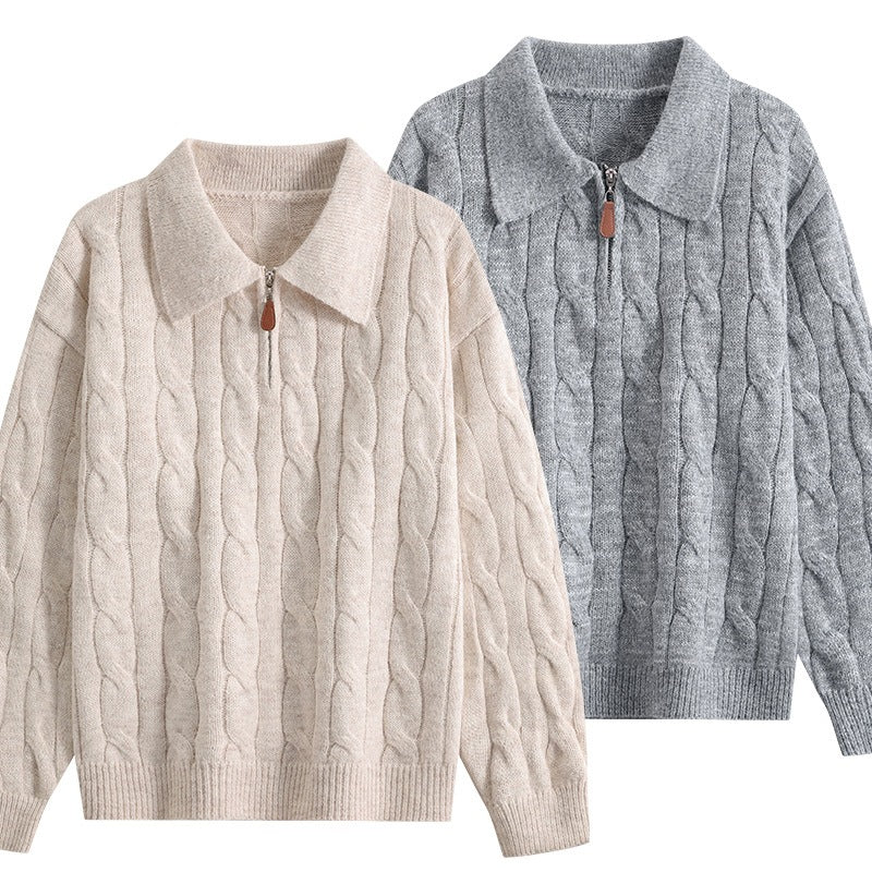 Damen Grobgestrickter Troyer-Pullover mit Halbreißverschluss & Oversize-Kragen Echoarchiv