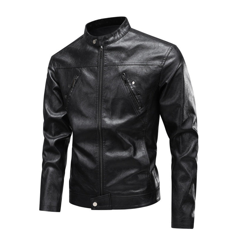Herren Kunstleder-Bikerjacke mit Stehkragen, diagonalem Brustzipper & schmaler Silhouette Echoarchiv