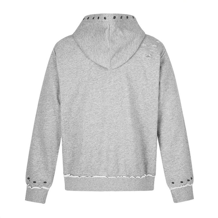 Damen Kapuzen-Sweatjacke mit zweiseitigem Reißverschluss, ausgefranstem Saum, Nietenbesatz und Collage-Print Echoarchiv