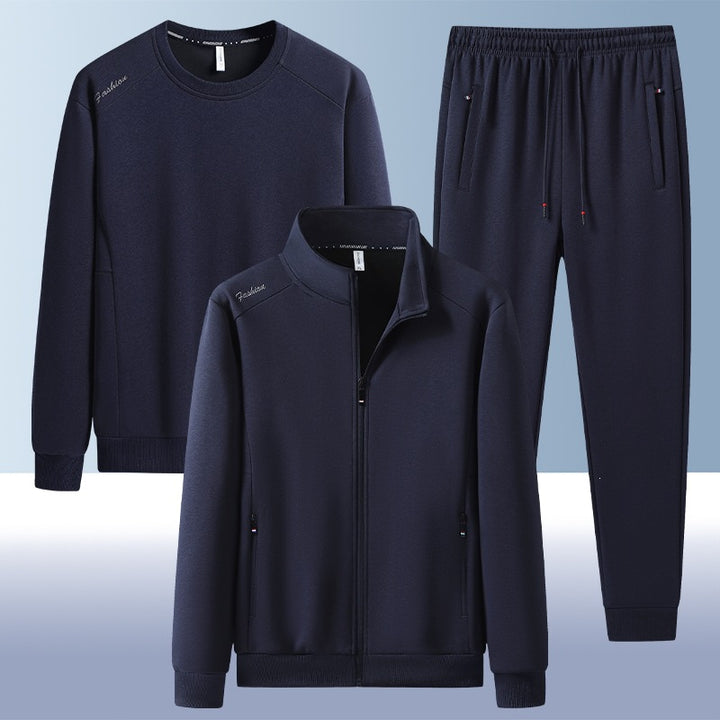 [Herren] Zweiteiliges Trainingsset mit Stehkragen-Zipjacke, Rundhals‑Sweatshirt und konisch geschnittener Jogginghose aus atmungsaktivem Fleece Echoarchiv