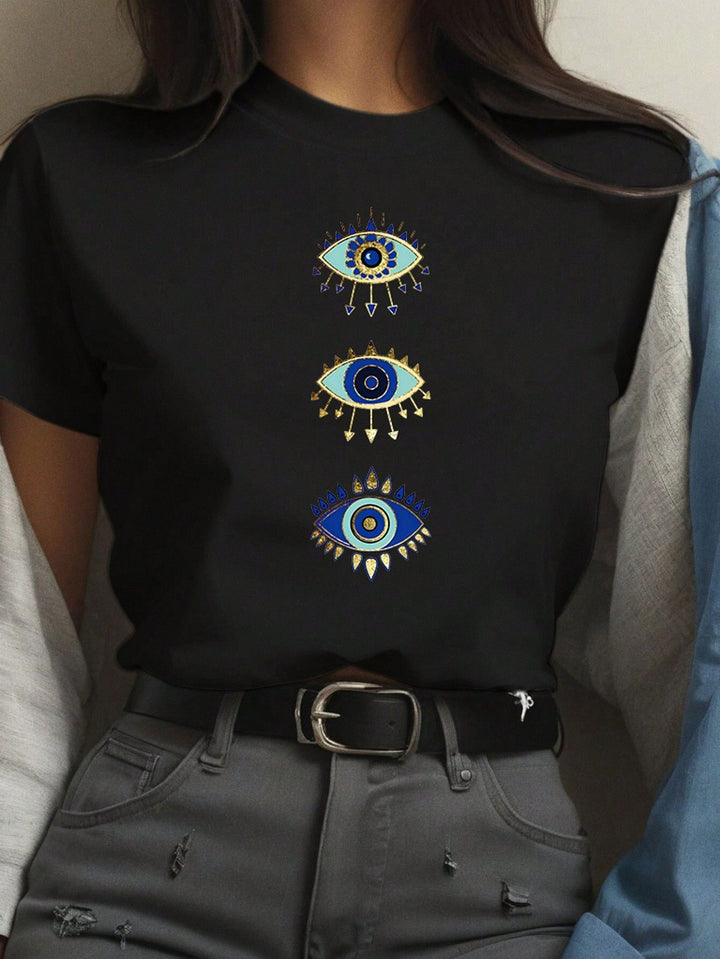 Damen T-Shirt mit kreativem Grafikdruck und luxuriösen Paillettenakzenten Echo Archiv