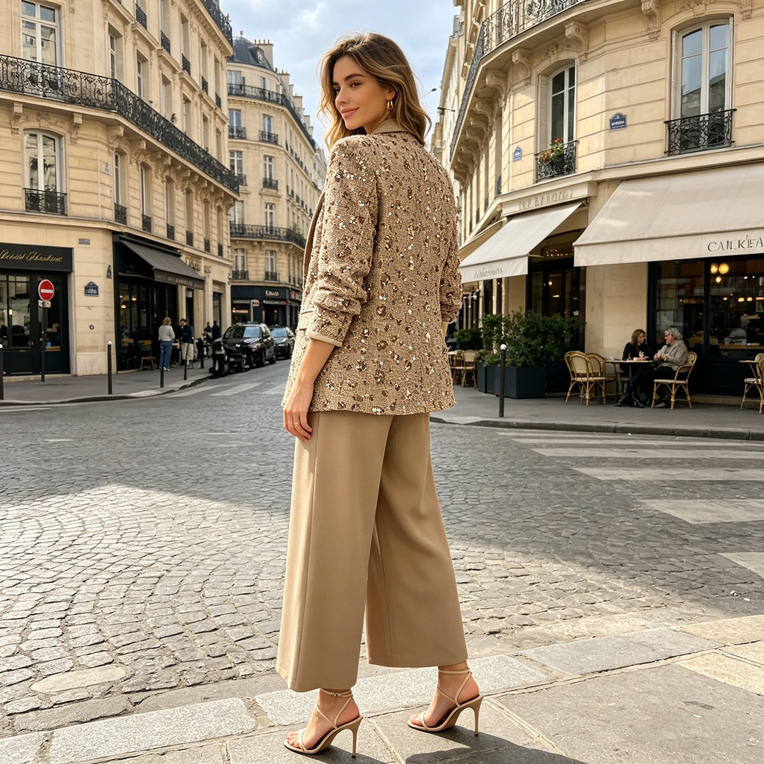 Damen Tweed-Blazer mit Schalkragen, Bindegürtel und weitem Palazzo-Hosen-Set Echo Archiv
