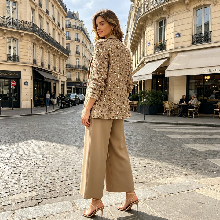 Damen Tweed-Blazer mit Schalkragen, Bindegürtel und weitem Palazzo-Hosen-Set Echo Archiv