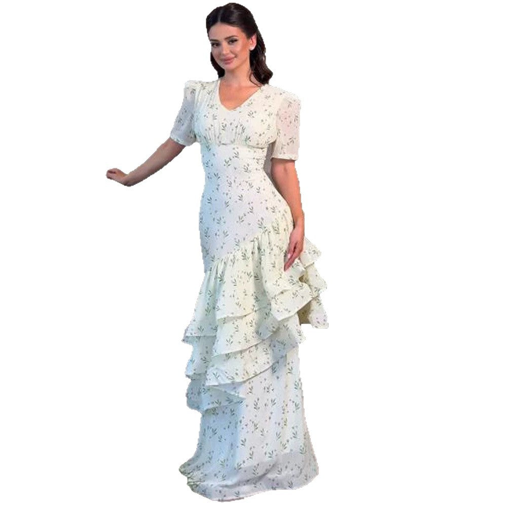 Damen Maxikleid im Vintage‑Romantik‑Stil mit asymmetrischen Volants und Puffärmeln Echoarchiv
