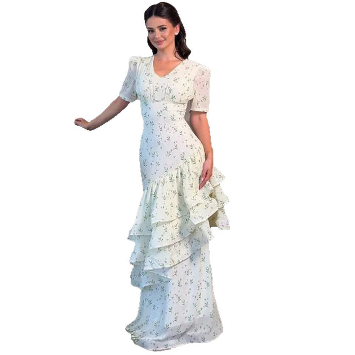 Damen Maxikleid im Vintage‑Romantik‑Stil mit asymmetrischen Volants und Puffärmeln Echoarchiv