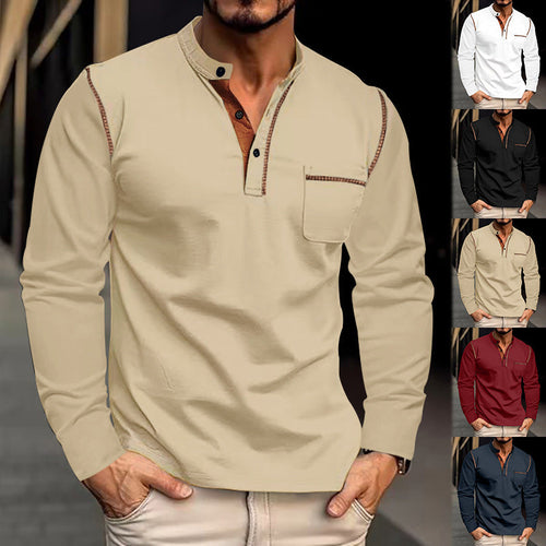 Herren Langarm-Henley-Shirt mit modernem Kragen und praktischer Brusttasche Echoarchiv
