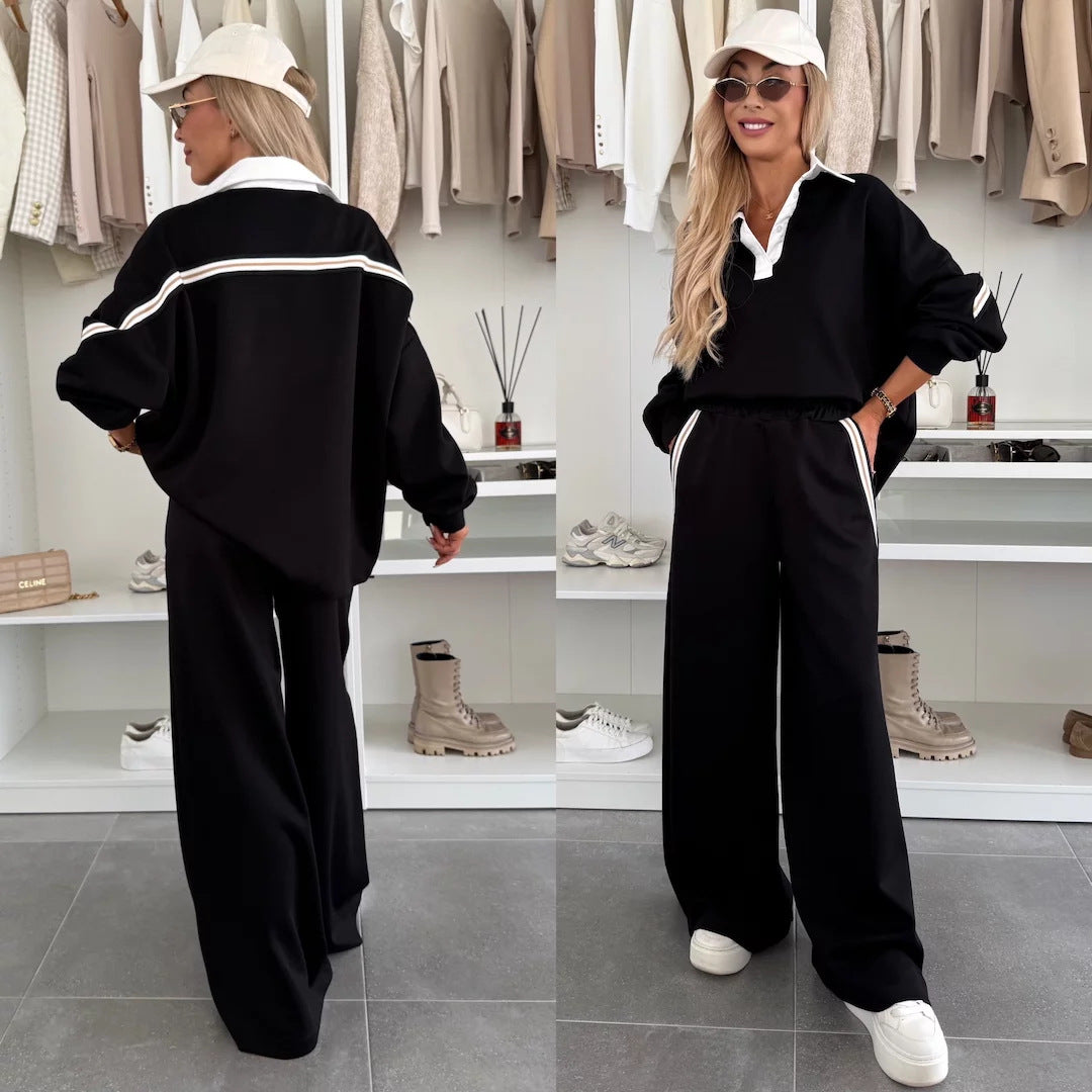 Damen modisches Relax-Set mit Polokragen, markanten Paspelstreifen und weitem Palazzo-Jogger – Élanora