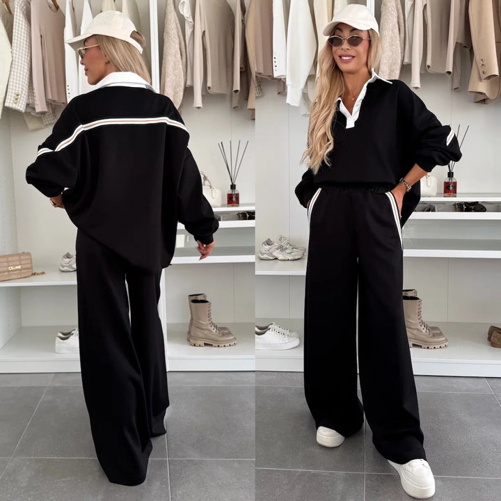 Damen modisches Relax-Set mit Polokragen, markanten Paspelstreifen und weitem Palazzo-Jogger – Élanora