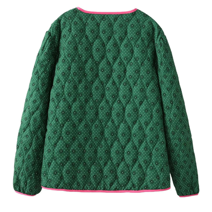 Damen gesteppte Kurzjacke mit V‑Ausschnitt, Kontrastpaspel und Schleifen-Detail – Célinea