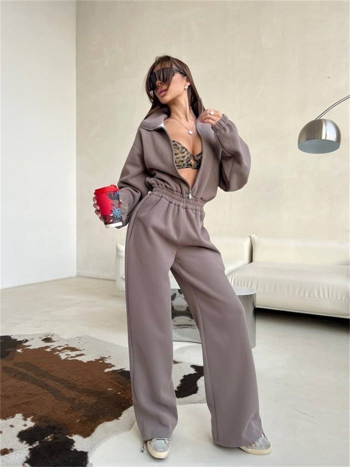 Damen Relaxed-Loungewear-Set mit Halbzip-Stehkragen und hochtaillierter Weitbein-Jogginghose – Avérine