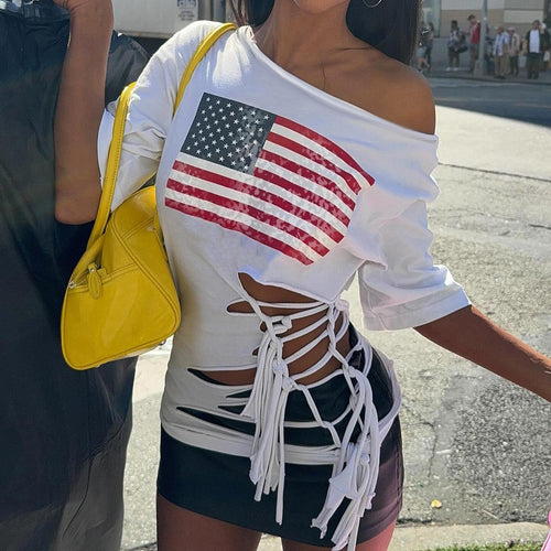 Damen lässiges Crop-Top mit amerikanischem Flaggenmotiv und modischem Fransen-Design Echo Archiv
