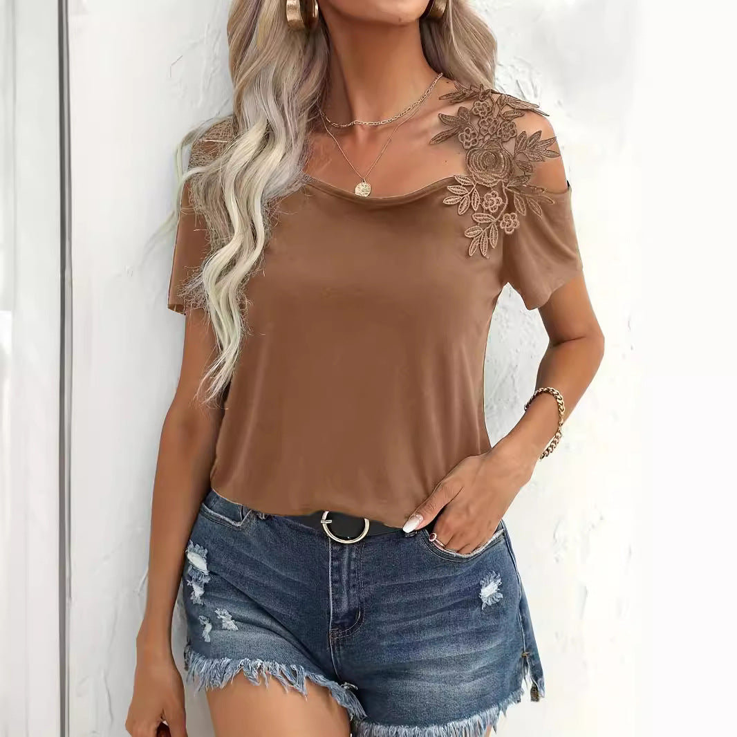 Damen nan schulterfreies Jerseyshirt mit floraler Spitzenapplikation und lockerer Passform Echo Archiv