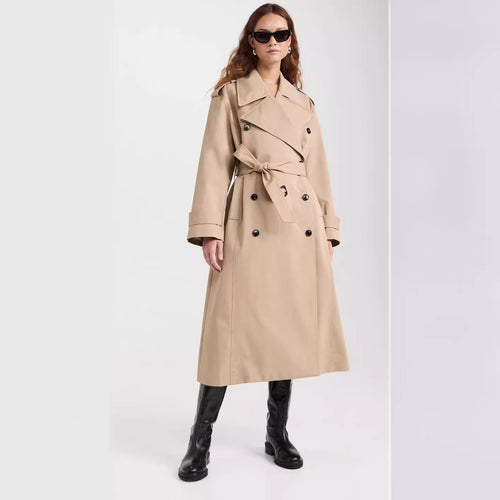 Damen Langer Trenchcoat aus Baumwollmix mit doppelreihiger Knopfleiste, Taillengürtel und Schulterklappen Echoarchiv