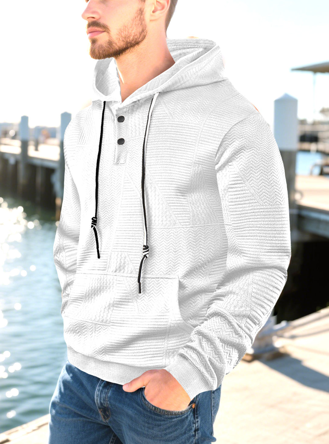 Herren nan geometrischer Struktur-Kapuzenpullover mit Henley-Blende und Kängurutasche Echo Archiv