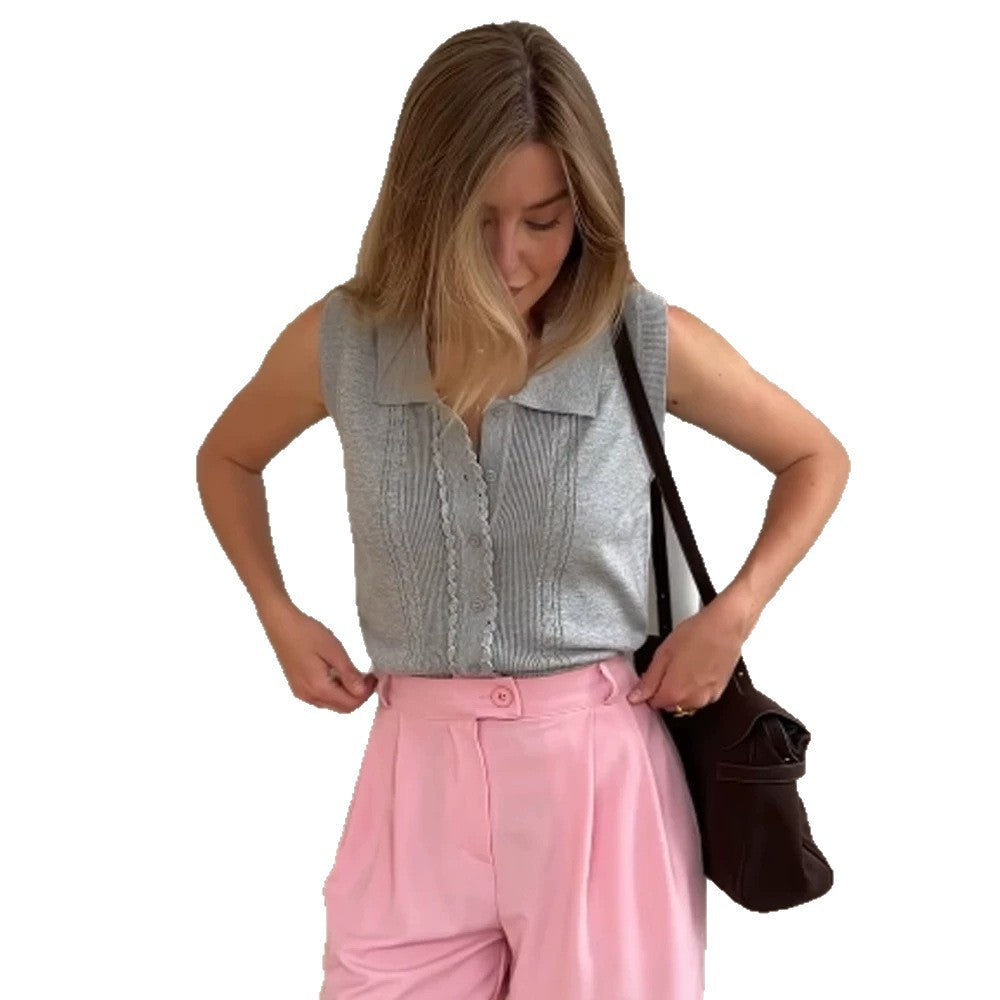 Damen Ärmelloses Stricktop mit Hemdkragen, Zierknopfleiste und feiner Strukturierung Echoarchiv