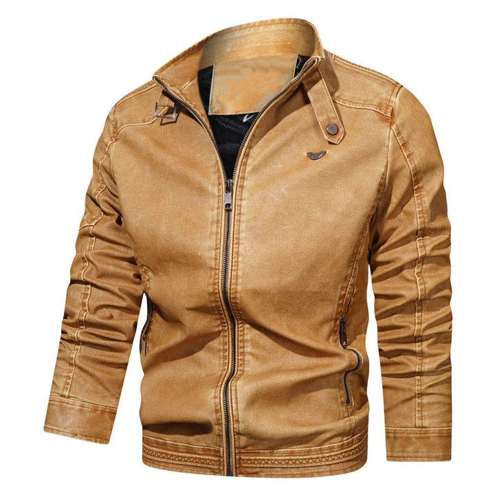 Herren Jeansjacke im Vintage‑Army‑Look mit Stehkragen, Ziersteppungen und Ärmelfalten – Denvaro