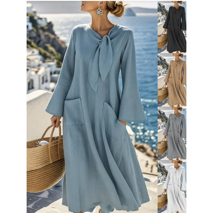 Damen Leichtes Maxikleid mit Bindeschleife, Glockenärmeln und aufgesetzten Taschen – Valéora