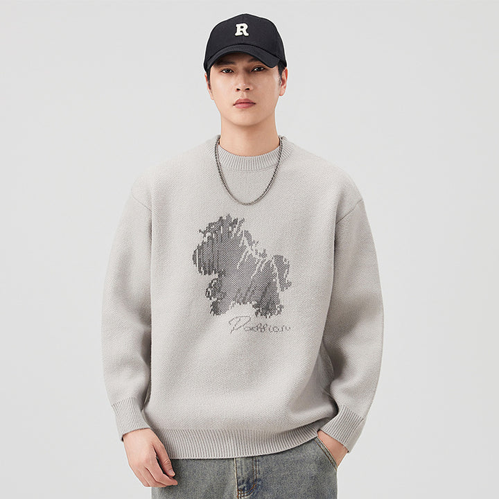 Herren Modischer Grobstrickpullover mit kreativer Tiermotiv-Applikation Echoarchiv