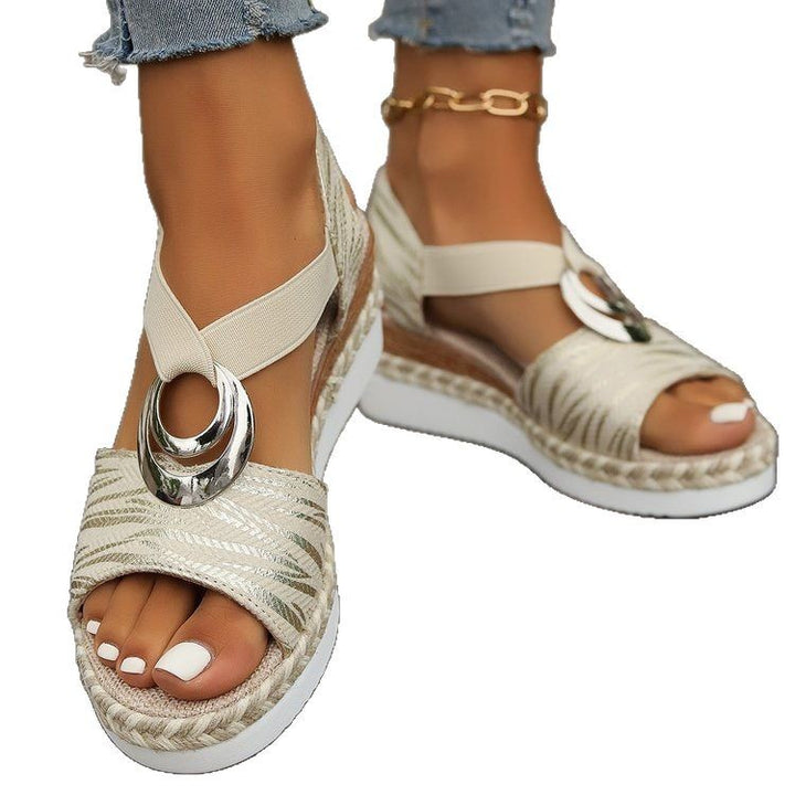 Damen Keilsandaletten Espadrille mit Bastsohle, elastischem Fersenriemen und Schmuckring Echo Archiv