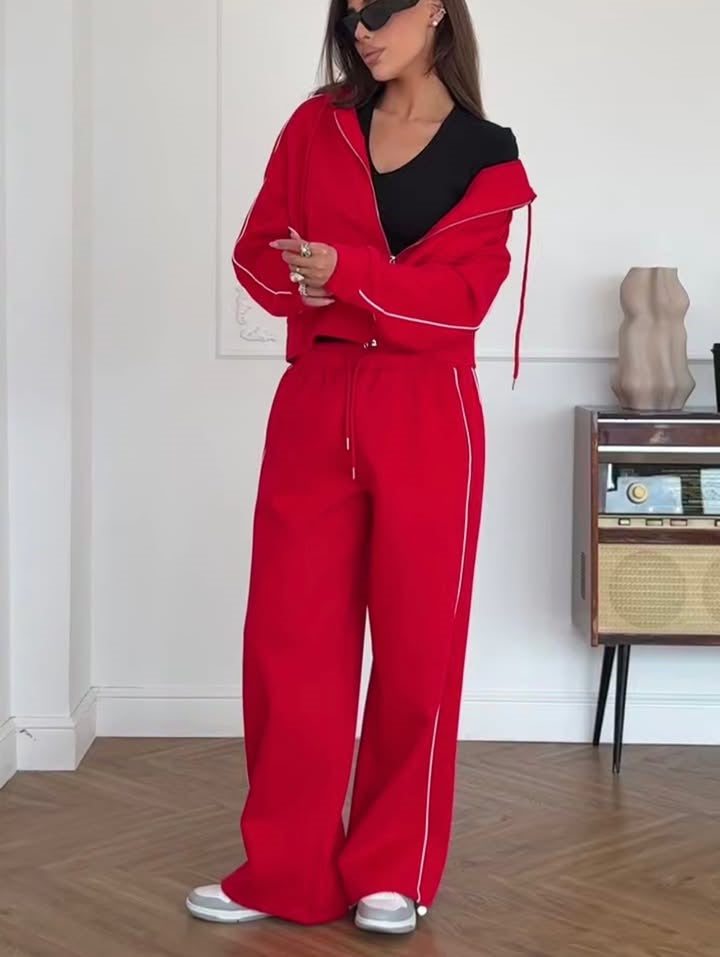 Damen Lässiges zweiteiliges Lounge-Set mit oversized Zipjacke und weitem Kordelzug-Hosenbund – Élanora
