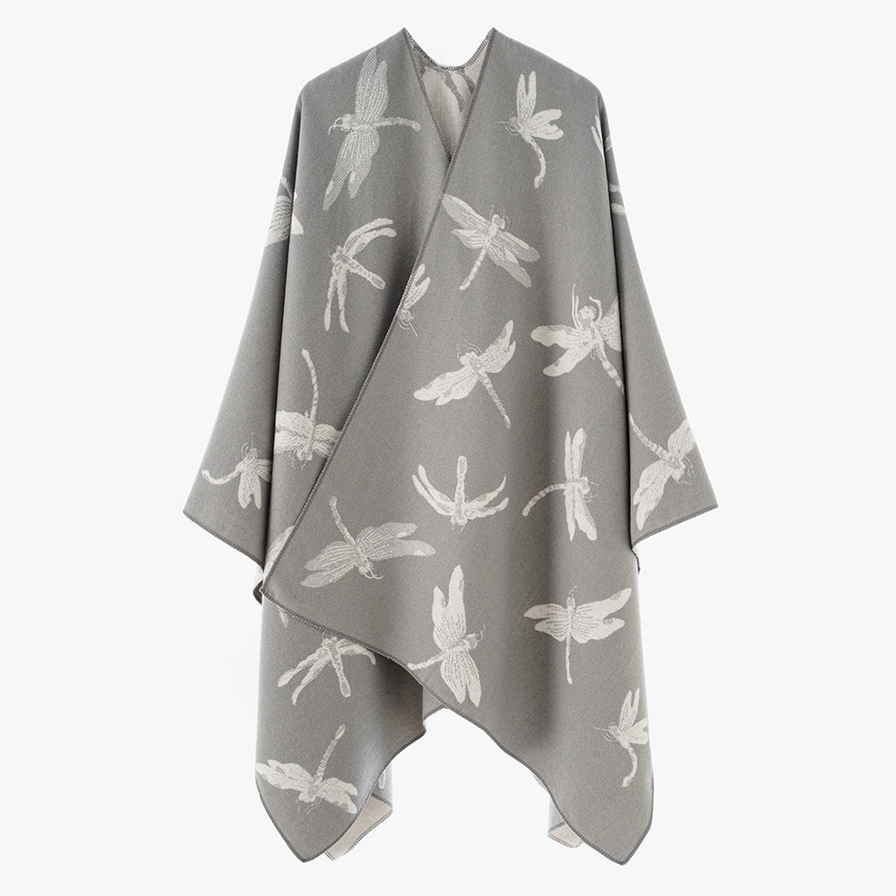 Damen Wendbarer Jacquard-Poncho mit Libellenmotiv – Avérine