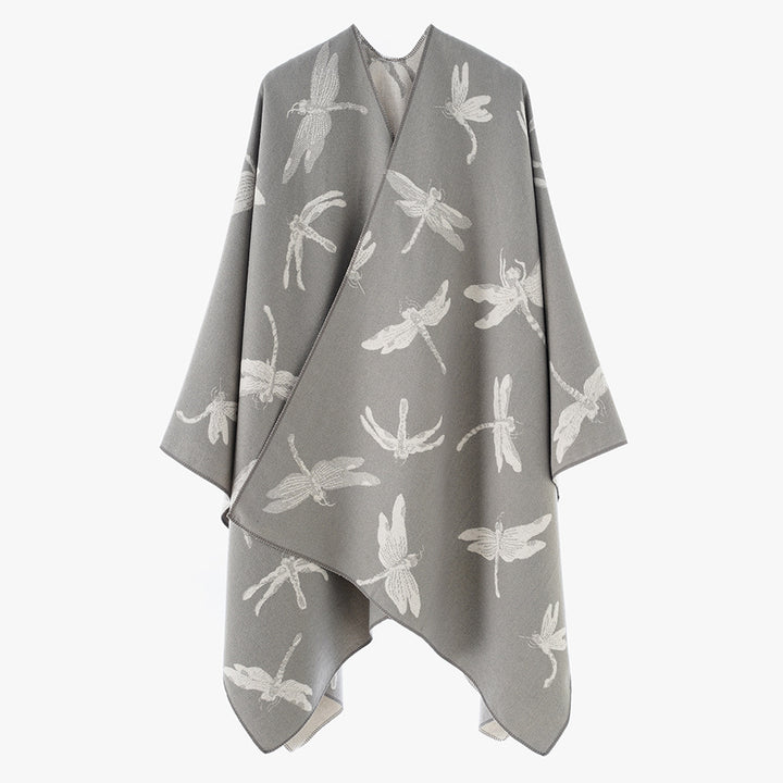 Damen Wendbarer Jacquard-Poncho mit Libellenmotiv – Avérine