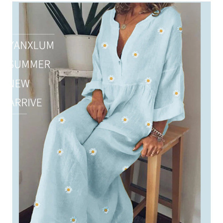 Damen Langes Leinenoptik Maxikleid mit tiefem V‑Ausschnitt, lockerer Empire‑Taillierung und Margeritenprint – Valéora