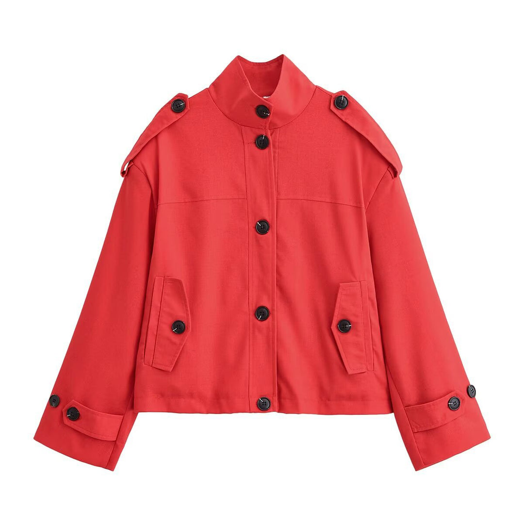 Damen Boxy-Cropped Jacke mit Stehkragen Schulterpatten und Pattentaschen Echo Archiv