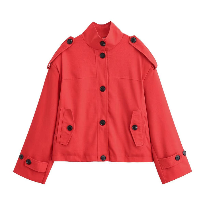 Damen Boxy-Cropped Jacke mit Stehkragen Schulterpatten und Pattentaschen Echo Archiv