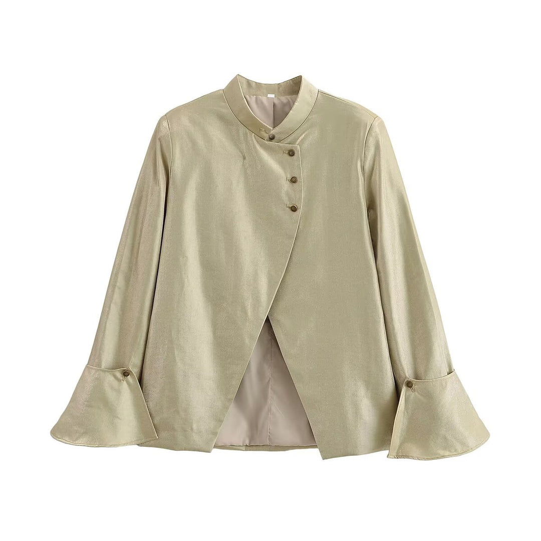 Damen Glänzende A-Linien-Jacke mit asymmetrischer Knopfleiste und Glockenärmeln Echo Archiv