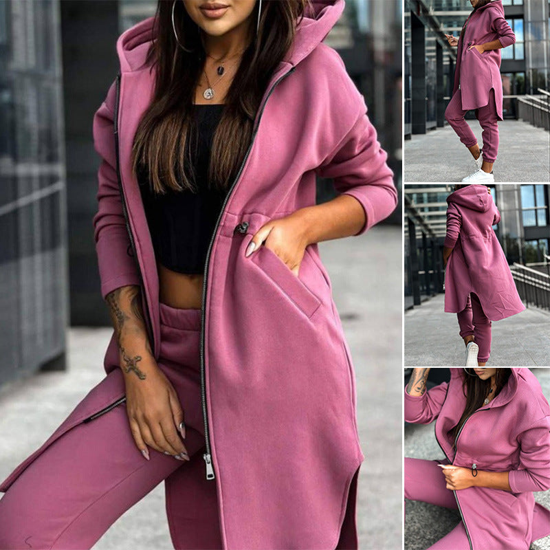 Damen nan lange Sweat-Kapuzenjacke mit Zweiwege-Reißverschluss, Tunnelzug-Taille, Eingrifftaschen und Seitenschlitzen Echo Archiv