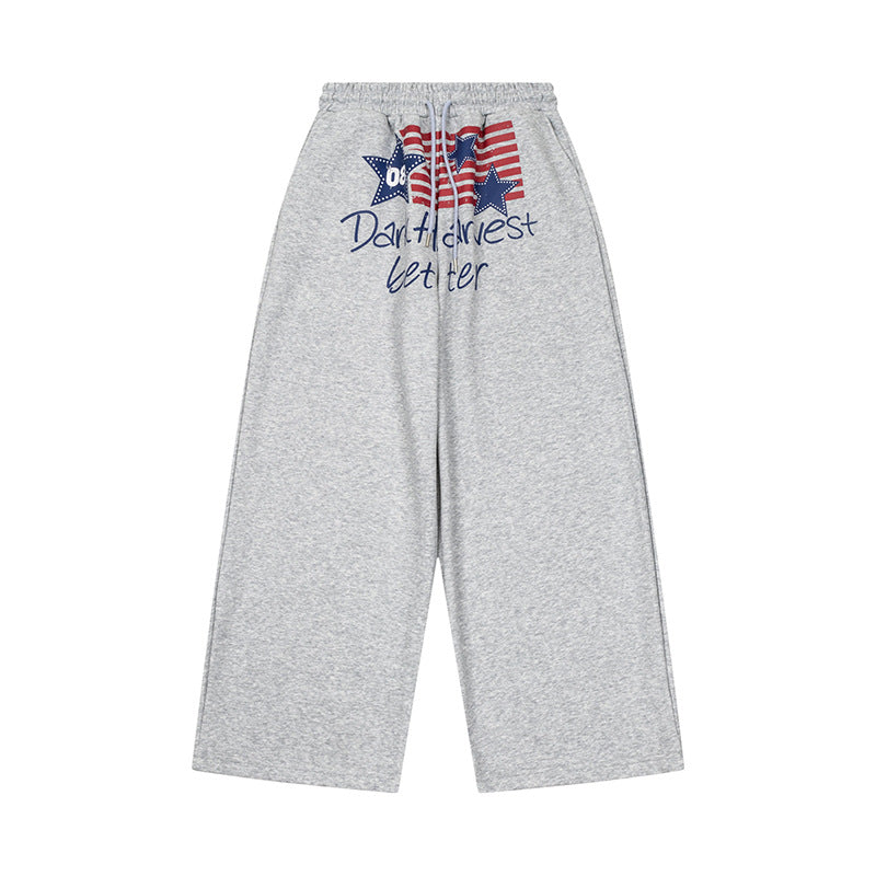 Damen Weite Culotte-Loungehose mit hohem Komfortbund, Kordelzug und Stern-Flaggen-Print Echoarchiv