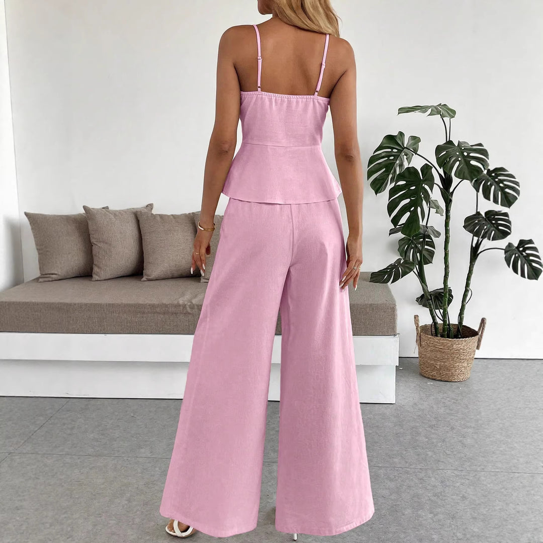Damen Zweiteiliges Leinen-Set mit korsettartigem Taillentop, Schößchen und weiter Palazzohose – Élanora