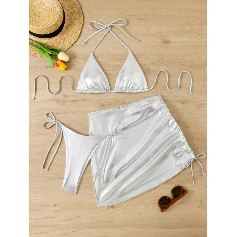 Damen Glänzendes Triangel-Bikini-Set mit Wickelrock Echo Archiv