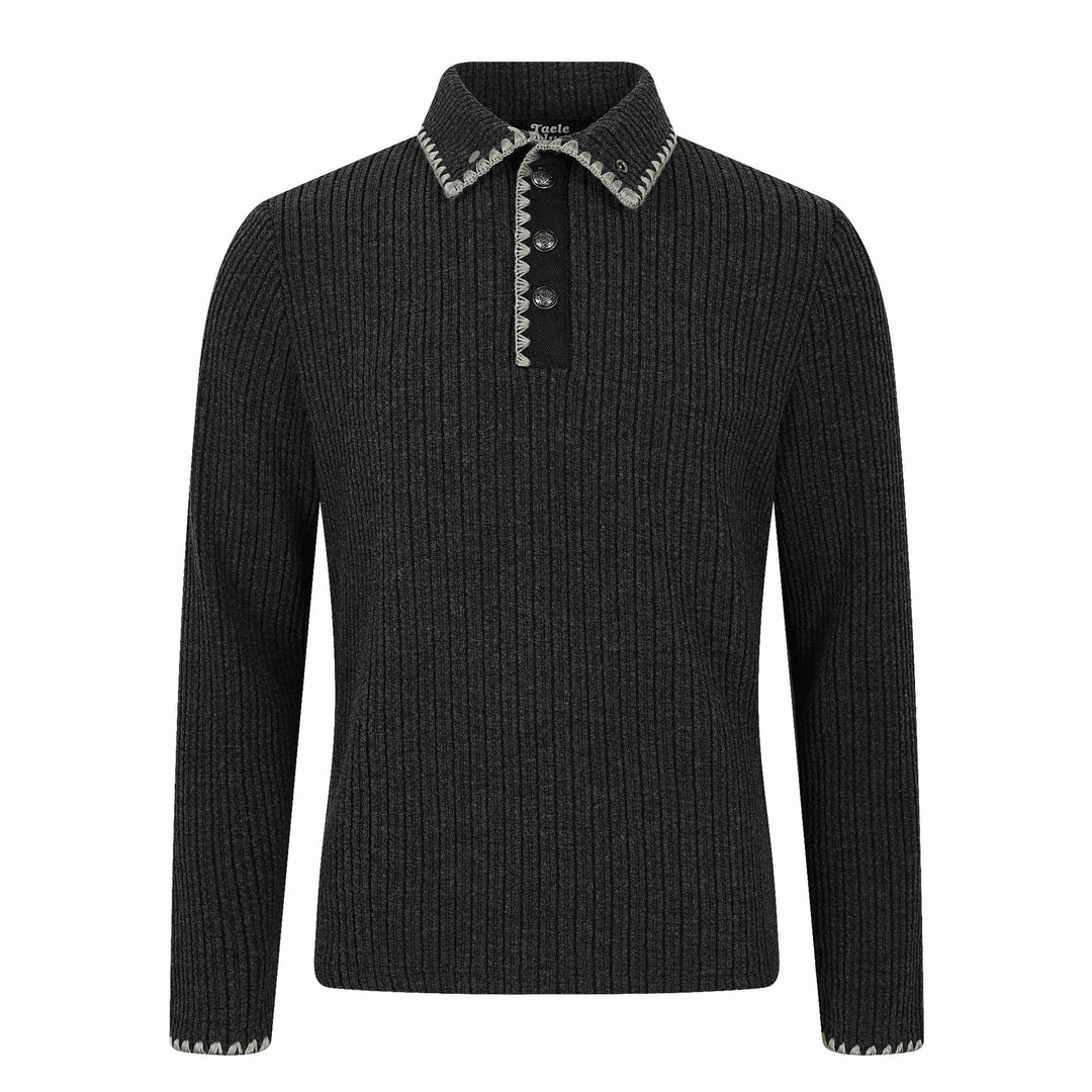 Herren Gerippter Polokragen-Pullover mit Ziernaht und Knopfleiste Echoarchiv