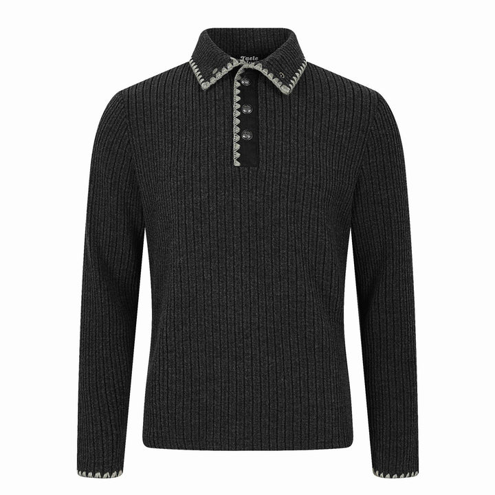Herren Gerippter Polokragen-Pullover mit Ziernaht und Knopfleiste Echoarchiv