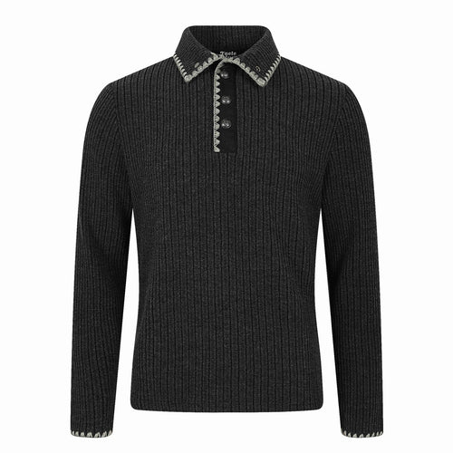 Herren Gerippter Polokragen-Pullover mit Ziernaht und Knopfleiste Echoarchiv