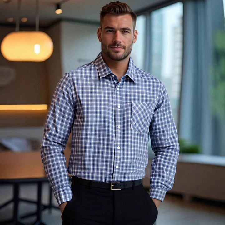 Herren kariertes Langarmhemd mit stilvollem Brusttaschen-Design Echoarchiv