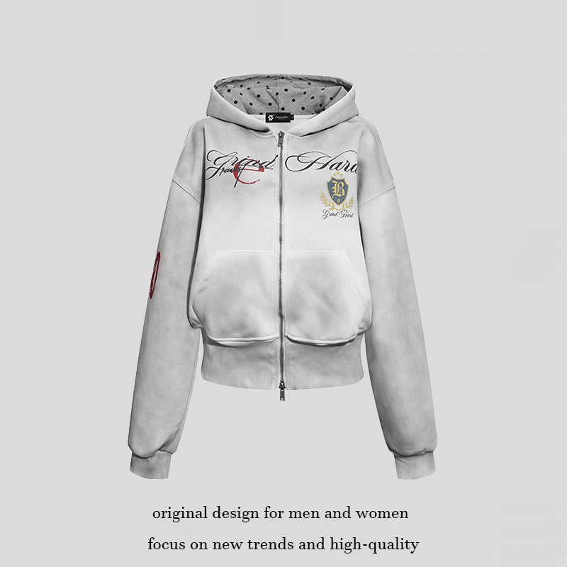 Damen Kurz geschnittene Zip-Hoodie aus French Terry mit gepunkteter Kapuzenfütterung und Wappen-Stick Echoarchiv