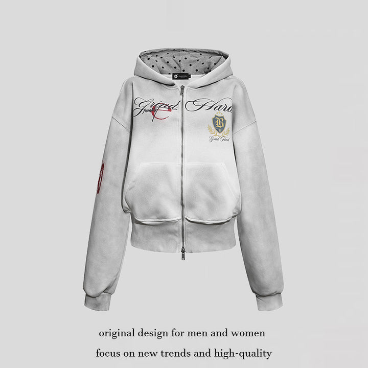 Damen Kurz geschnittene Zip-Hoodie aus French Terry mit gepunkteter Kapuzenfütterung und Wappen-Stick Echoarchiv