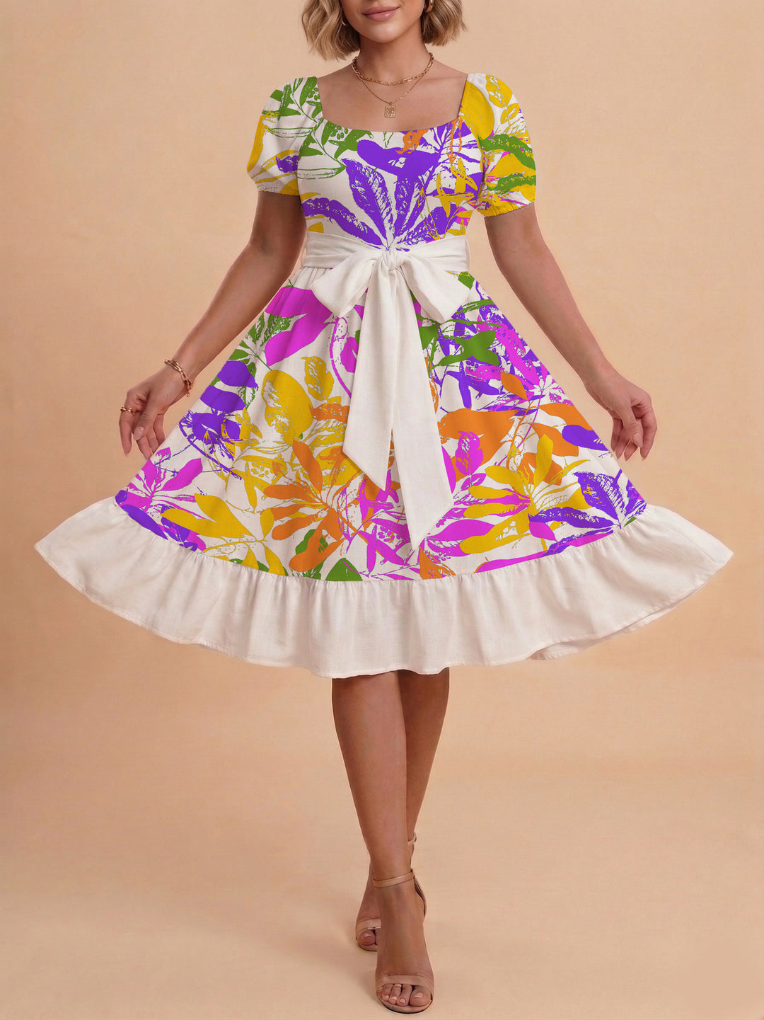 Damen modernes Blumenkleid mit elegantem Taillengürtel und asymmetrischem Saum Echo Archiv