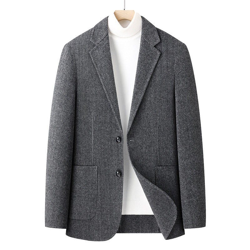 Herren Fischgrät-Wollblazer mit Reverskragen und aufgesetzten Taschen Echoarchiv