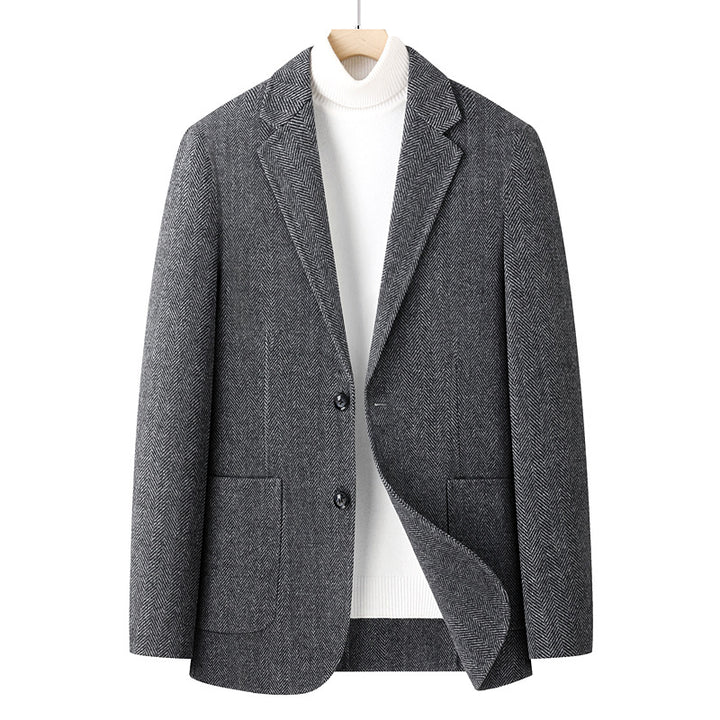 Herren Fischgrät-Wollblazer mit Reverskragen und aufgesetzten Taschen Echoarchiv