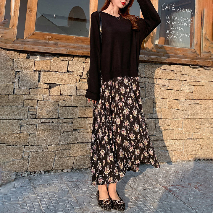 Damen nan lässiges Lagenkleid mit Sweatshirtoberteil und bedrucktem Midirock Echo Archiv