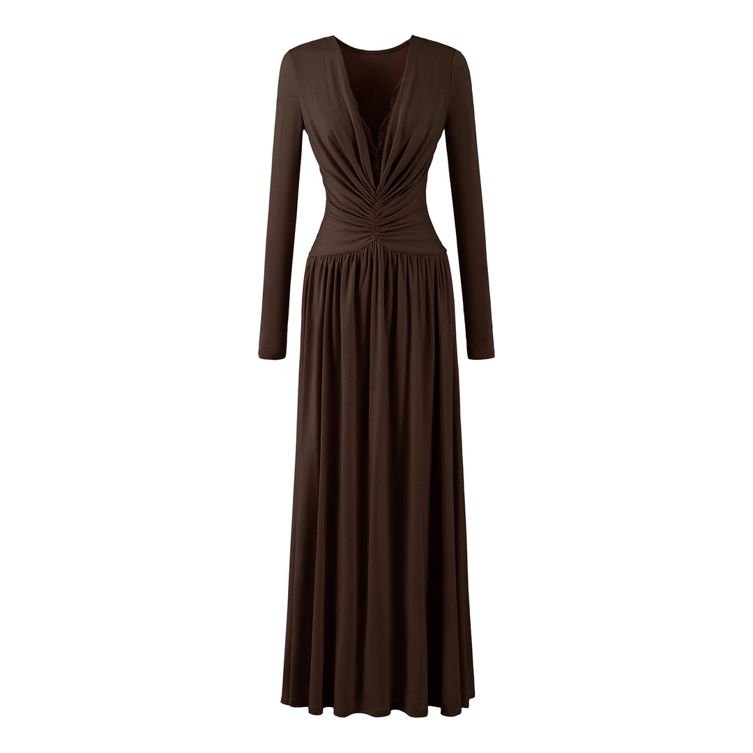 Damen Maxikleid mit gerafftem Wickeloberteil, tiefem V‑Ausschnitt und Spitzenbesatz Echoarchiv