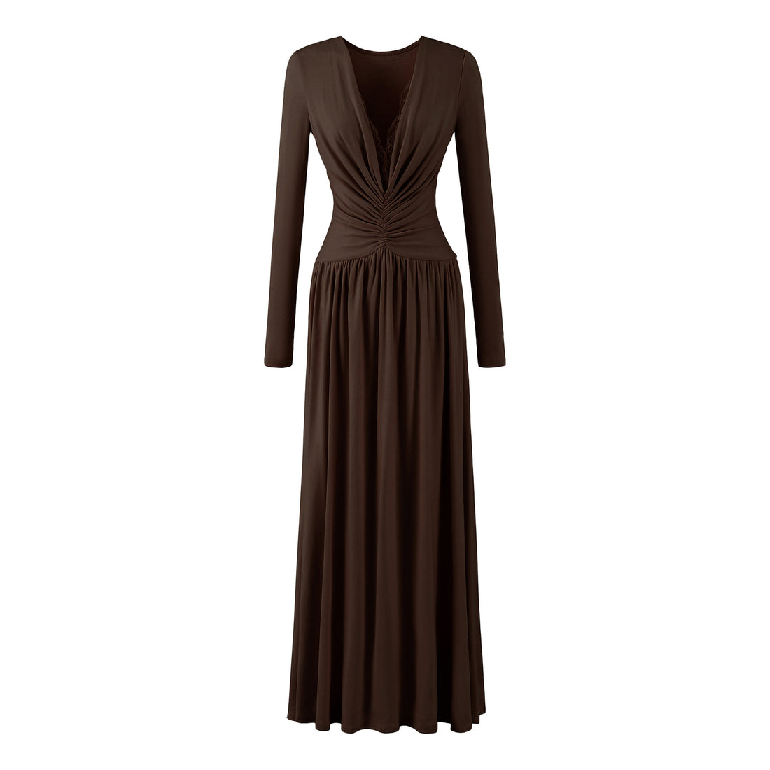 Damen Maxikleid mit gerafftem Wickeloberteil, tiefem V‑Ausschnitt und Spitzenbesatz Echoarchiv