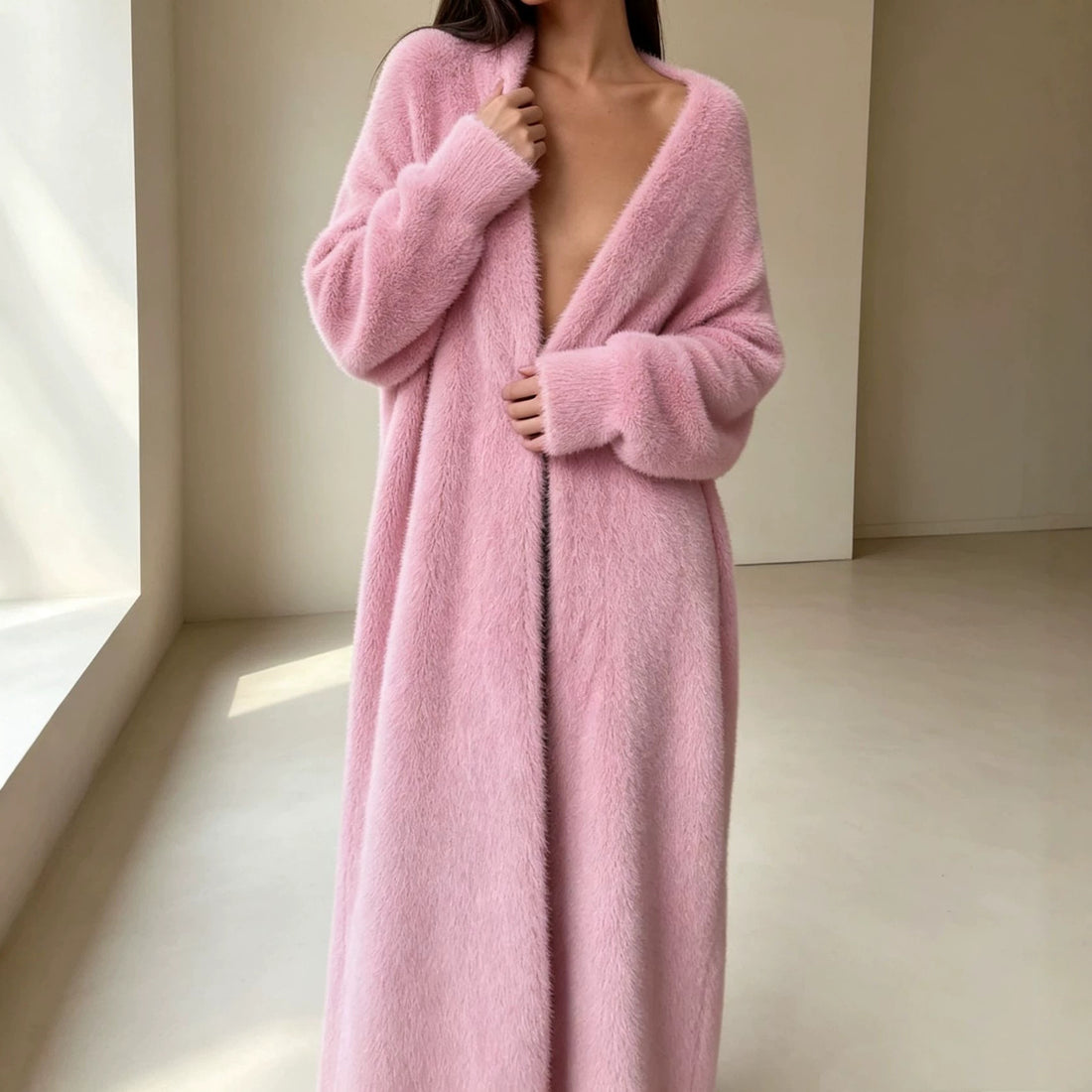 Damen Langer Übergroßer Maxi-Strickcardigan mit offener Front – Veloura