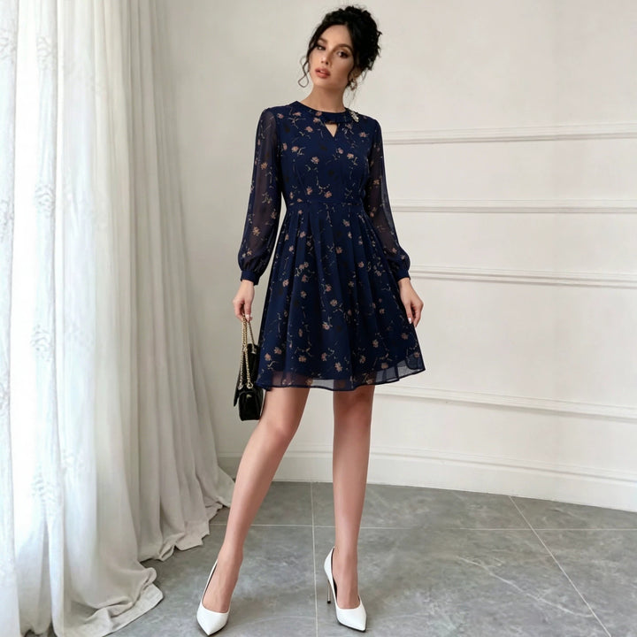 Damen Chiffon-Midikleid mit plissiertem Rock, transparenten Ärmeln und Zierbrosche – Élara