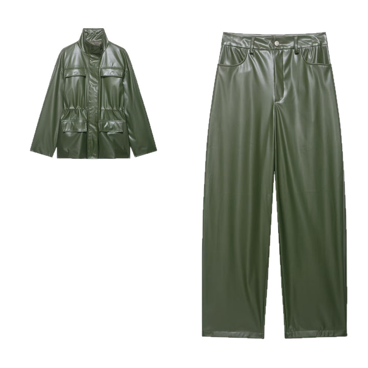 Damen Zweiteiliges PU-Leder-Ensemble mit Fieldjacke, Kordelzugtaillierung und High‑Waist Wide‑Leg Hose Echo Archiv