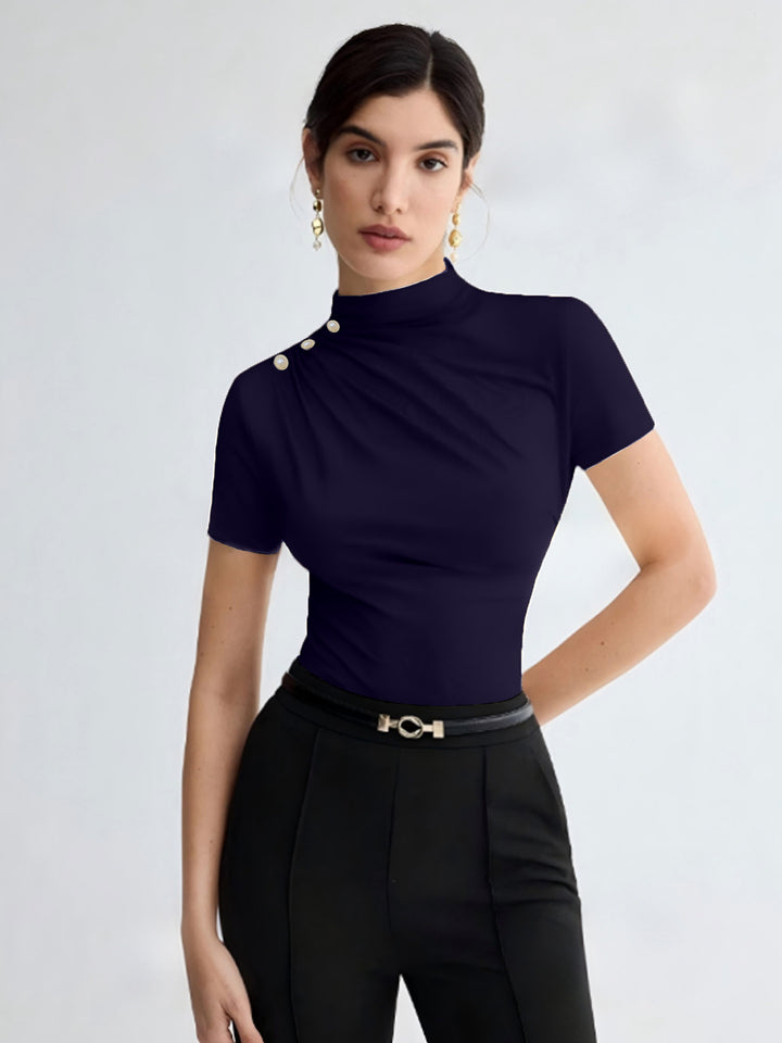 Damen elegantes Oberteil mit dekorativen Knopfdetails und modernem Stehkragen Echo Archiv